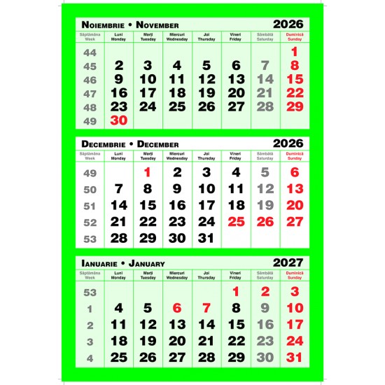 Calendar Triptic trei culori 2026